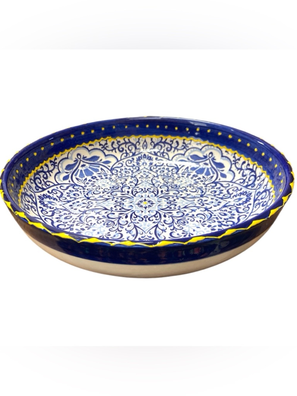Spanish Blue White Yellow Ceramic Serving Bowl 12” Hand Painted NWOT